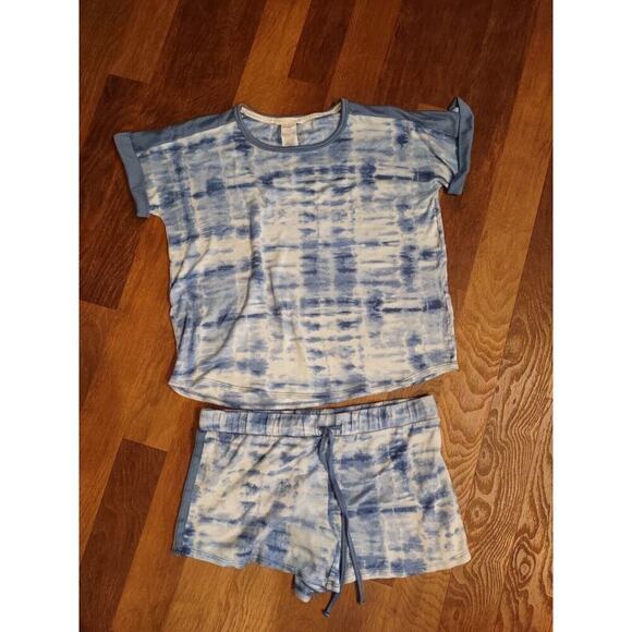 Lucky Brand Womens Medium 2PC Pajama Set Short Sleeve Blue Tie Dye Summer Shorts - Picture 1 of 3